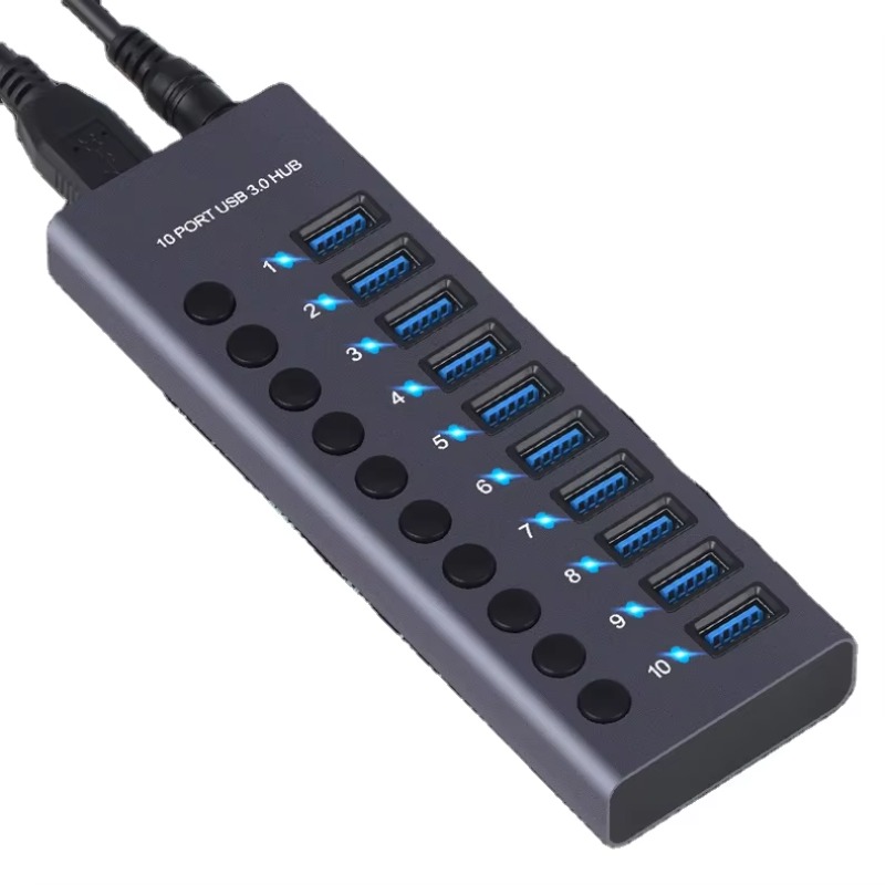 Usb Hub - 10-poorts USB 3.0-hub van aluminiumlegering, met
